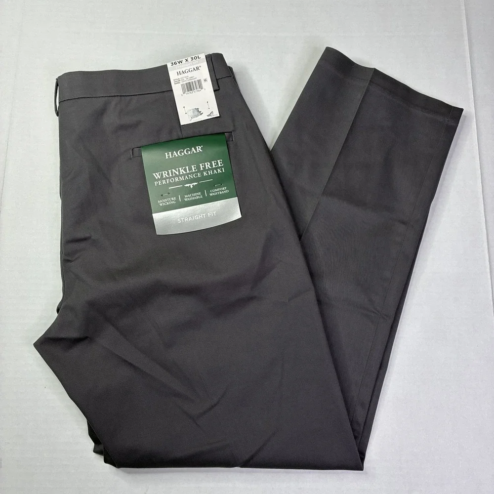 Haggar Performance Khakis Men's Size 36x30 Dark Gray Straight Fit Comfort Waist